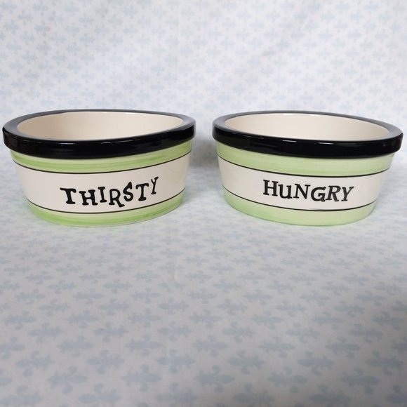 Retro Inspired Font Thirsty and Hungry Ceramic Dog Bowls - Picture 1 of 6